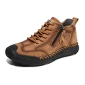 Men's brown leather high-top hiking boots with functional side zipper and rubber sole - EU 38 / Brown