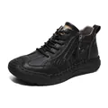 Black men's casual mid-top leather shoes with lychee pattern and side zipper - EU 38 / Black