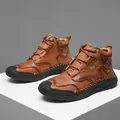 Classic men's brown leather high-top casual boots with durable rubber sole and stitching - EU 38 / Tan