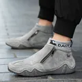Gray vintage high-top leather boots with side zipper and knitted collar for men - EU 38 / Gray Genuine Leather