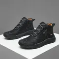 Men's black high-top leather casual boots with litchi texture and hand-stitched rubber soles - EU 38 / Black