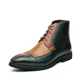 Men's retro color-block leather Martin boots with dark green and brown patchwork design - EU 38 / Olive Brown