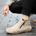 Men's khaki suede boots with side zipper and wave pattern non-slip rubber sole - EU 38 / Khaki Genuine Leather