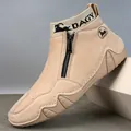 Khaki leather outdoor boots for men with knit sock cuff and side zipper detail - EU 38 / Khaki Microfiber