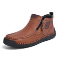 Men's brown leather casual boots with side zipper and rugged hand-stitched detailing - EU 38 / Tan