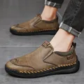 Men's retro dark brown slip-on leather shoes with handmade stitching and rubber soles - EU 38 / Tan