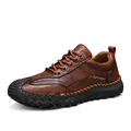 Men's brown leather casual loafers with handmade stitching and non-slip rubber soles - 38 / Hand-Stitched (9893) / Deep Brown