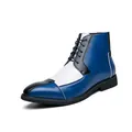 Men's retro color-block leather boots in blue, white, and black with lace-up design - EU 38 / White Dark Blue