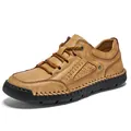 Men's light brown genuine leather loafers with manual stitching and rubber soles - EU 38 / Khaki