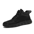 Men's black PU leather high-top ankle boots with hand-stitched detail and rubber sole - EU 39 / Black