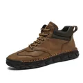 Men's dark brown PU leather ankle boots with hand-stitched details and durable rubber sole - EU 39 / Red Brown