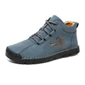 Blue nubuck leather mid-top men's casual shoes with hand-stitched details and sport logo - EU 38 / Blue