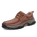 Men's outdoor brown leather walking shoes with matte finish and non-slip soles - Light Brown Lace-up