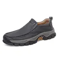 Men's dark grey leather loafers with thick non-slip soles and decorative stitching - Gray Slip-on