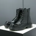 Men's black combat boots with square toe and embossed crocodile pattern finish - EU 38 / Black