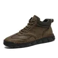 Men's dark brown retro PU leather ankle boots with hand-stitched details and rubber soles - EU 39 / Khaki
