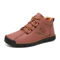 Brown leather men's outdoor casual shoe with manual stitching and rubber toe cap - EU 38 / Burgundy
