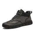 Men's dark gray PU leather mid-top lace-up boots with stitch detailing and rubber soles - EU 39 / Gray