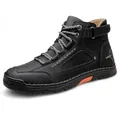 Men's black high-top outdoor leather boots with cross stitching and velcro strap - EU 39 / Black