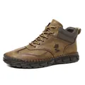 Brown faux leather lace-up ankle boots with handmade stitching and non-slip rubber soles - EU 39 / Khaki
