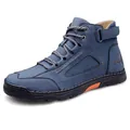 Men's high-top casual boots in blue nubuck leather with cross-stitching and velcro straps - EU 39 / Blue