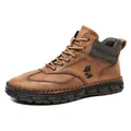 Men's brown high-top PU leather boots with wolf logo detail and non-slip rubber sole - EU 39 / Red Brown