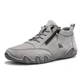 Grey suede mid-top boots for men featuring side zipper and non-slip rubber soles - EU 38 / Gray