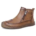 Brown vintage high-top leather boots with side zipper and contrast stitching detail - EU 39 / Yellow