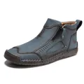 Men's dark blue retro leather ankle boots with side zipper and handmade stitching details - 38 / Blue