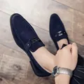 Men's navy blue suede loafers featuring silver V-shaped buckle on classic slip-on shoes - EU 38 / Blue