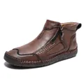 Men's dark brown leather casual boots with side zipper and handmade stitching details - 38 / Red Brown