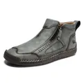 Men's outdoor casual ankle boots in grey-green leather with side zipper and rubber sole - 38 / Green