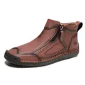 Brown leather men's casual high-top boots with side zipper and handmade stitching - 38 / Burgundy