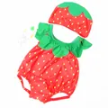Aardbei thema kinderbadpak set met bijpassende badmuts en groene ruches voor baby's - XL / Rode Aardbei