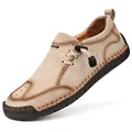 Mocassins en cuir kaki pour hommes avec cordon réglable et surpiqûres artisanales - 37 / Blanc Cassé