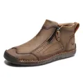 Dunkelbraune Herren-Lederstiefel mit seitlichem Reißverschluss und handgefertigter Naht - Khaki