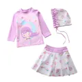 Three-piece girls mermaid swimsuit set with long sleeve top, skirted bottom and swim cap - S (70-80cm, 7.5-10kg) / Set / Purple Blue Tail Mermaid