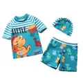 Ensemble maillot de bain 3 pièces bleu pour garçon avec motif dinosaure et basket - Dinosaure À Rayures Vertes Basketball