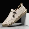 Handgemaakte heren loafers van gebroken wit leer met elastische veters en naad - 38 / Beige (99022)