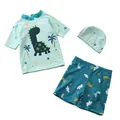 Maillot de bain trois pièces pour enfant avec dinosaure, haut, short et bonnet de bain - Dinosaure Vert Foncé