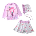 Three-piece girls' mermaid swimsuit set with long sleeve top, skirt, and swim cap - S (70-80cm, 7.5-10kg) / Set / Purple Super Mermaid