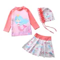 Three-piece girls mermaid swimsuit set featuring long sleeve top, skirt and matching swim cap - S (70-80cm, 7.5-10kg) / Set / Orange Blue Hair Mermaid