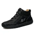 Men's high-top black leather casual shoe with white stitching and pebbled texture finish - EU 38 / Black