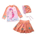 View of three-piece girls' mermaid swimwear set featuring top, skirt and matching cap - S (70-80cm, 7.5-10kg) / Set / Orange Purple-Dressed Mermaid (Blue Star)