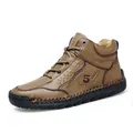Brown high-top leather casual boots for men with hand-stitched details and rubber sole - EU 38 / Khaki