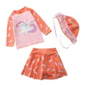 Three-piece girls' swimsuit set featuring orange unicorn print with swim cap and skirt - S (70-80cm, 7.5-10kg) / Set / Pink Blushing Unicorn