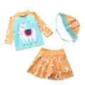 Three-piece girls' long-sleeve swimsuit set with blue alpaca print and orange ruffle skirt - S (70-80cm, 7.5-10kg) / Set / Blue Alpaca