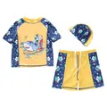 Driedelig badpak voor jongens met cartoon haaienprints en tropische patronen - L (90-100cm, 26-32) / Set (P20-96BW Surfende Haai) / Geel en Blauw