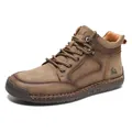 Brown leather lace-up men's high-top boots with decorative stitching and rubber sole - EU 39 / Khaki