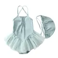 Toddler girl sage green ruffled tutu swimsuit with matching swim cap set in minimalist style - S (70-80cm) / Grey Green (0240)